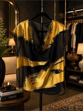 NWT Donna Karan New York Black Gold Abstract Brushstroke Chiffon Top Size Large
